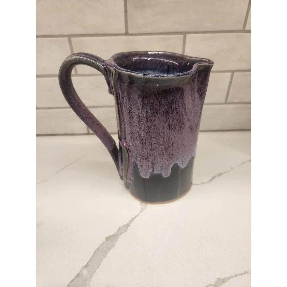 Bay Pottery Virginia‎ Pitcher Vintage 8 Inch Tall Purple Drip Glazed EUC